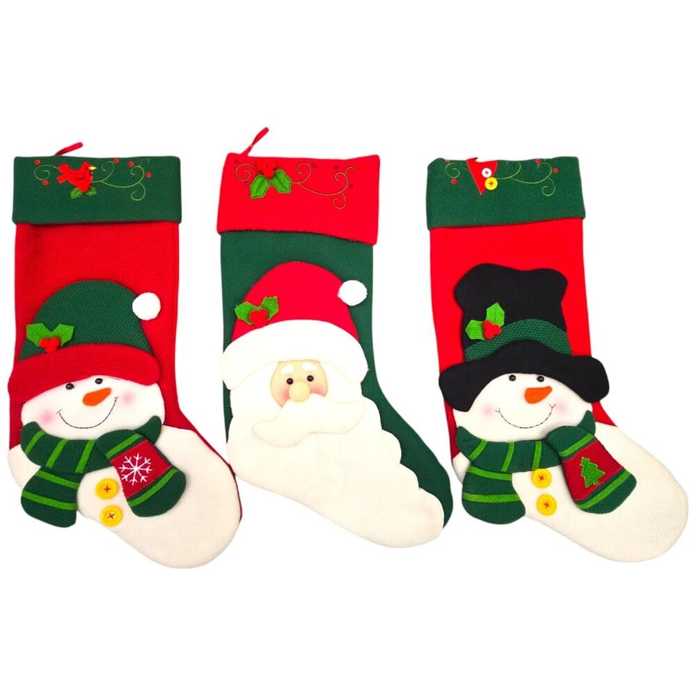 Set Of 3 Christmas Stocking 3D Felt‎ 18" Santa & Snowman Appliqués Decorations